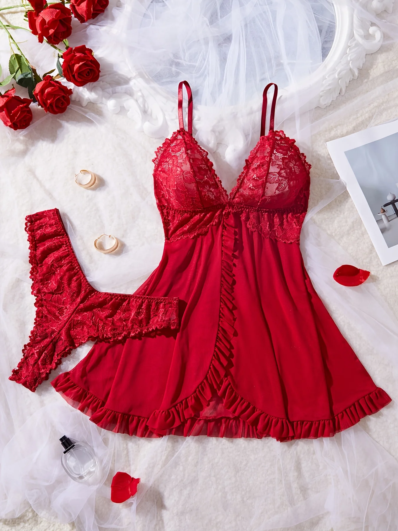 Sexy Lace Lingerie Set for Women, Red Hot Sleepwear Nightdress with Matching Panties, V-Neck Sheer Lace Camisole, Romantic Night