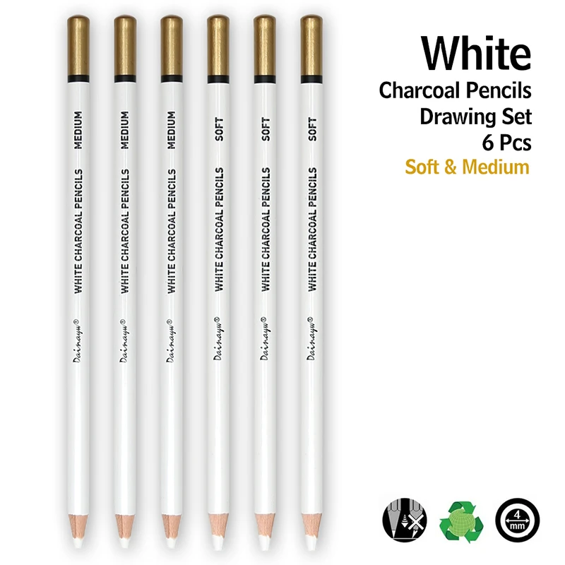 Dainayw White Charcoal Pencils Drawing Set, 6 Pcs Smooth Soft & Medium Sketching Pencil for Highlighting Art Supplies