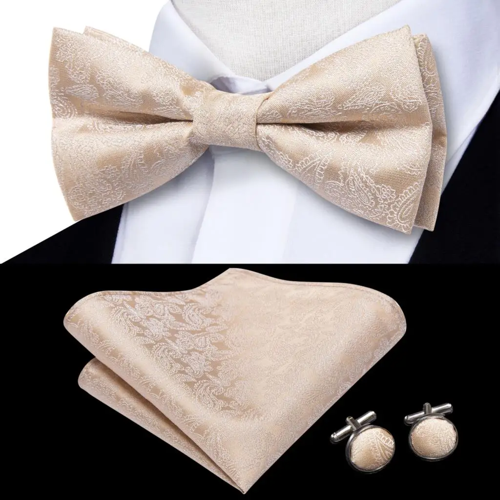 Hi-Tie Jacquard Silk Black Gold Striped Mens Bowtie Adult Bow Tie Hankerchief Cufflinks Set Pre-tied Men Butterfly Bowknot Gift