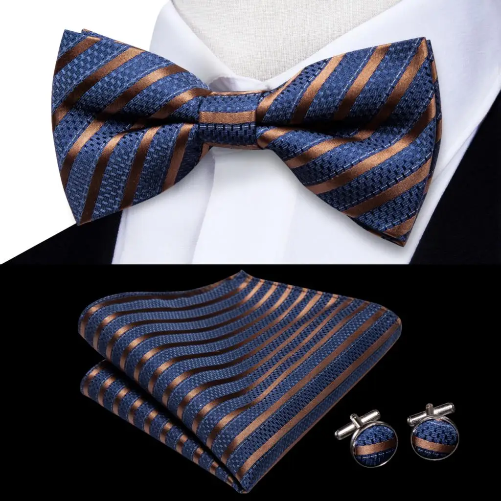 Hi-Tie Jacquard Silk Black Gold Striped Mens Bowtie Adult Bow Tie Hankerchief Cufflinks Set Pre-tied Men Butterfly Bowknot Gift