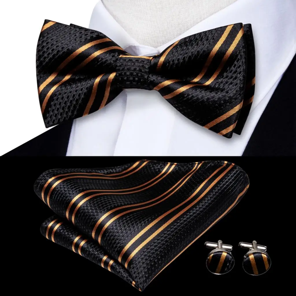 Hi-Tie Jacquard Silk Black Gold Striped Mens Bowtie Adult Bow Tie Hankerchief Cufflinks Set Pre-tied Men Butterfly Bowknot Gift