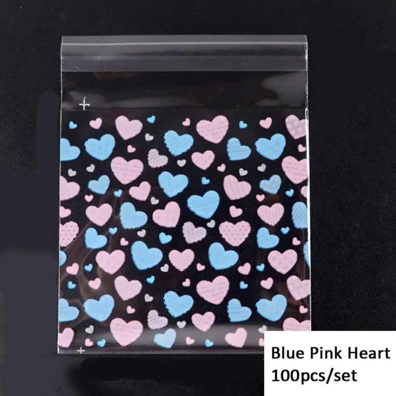 2Size 100PCS Heart/Flower Candy &Cookie Plastic Bags Self-Adhesive DIY Biscuits Snack Package Birthday Decor Baking Supplies