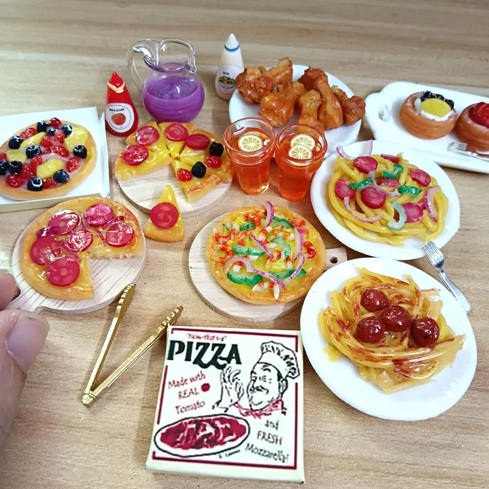 1/6 Scale Dollhouse Miniature Pizza Chicken Fried Chips Juice Mini Fast Food for Blyth BJD Doll House Kitchen Play Accessories
