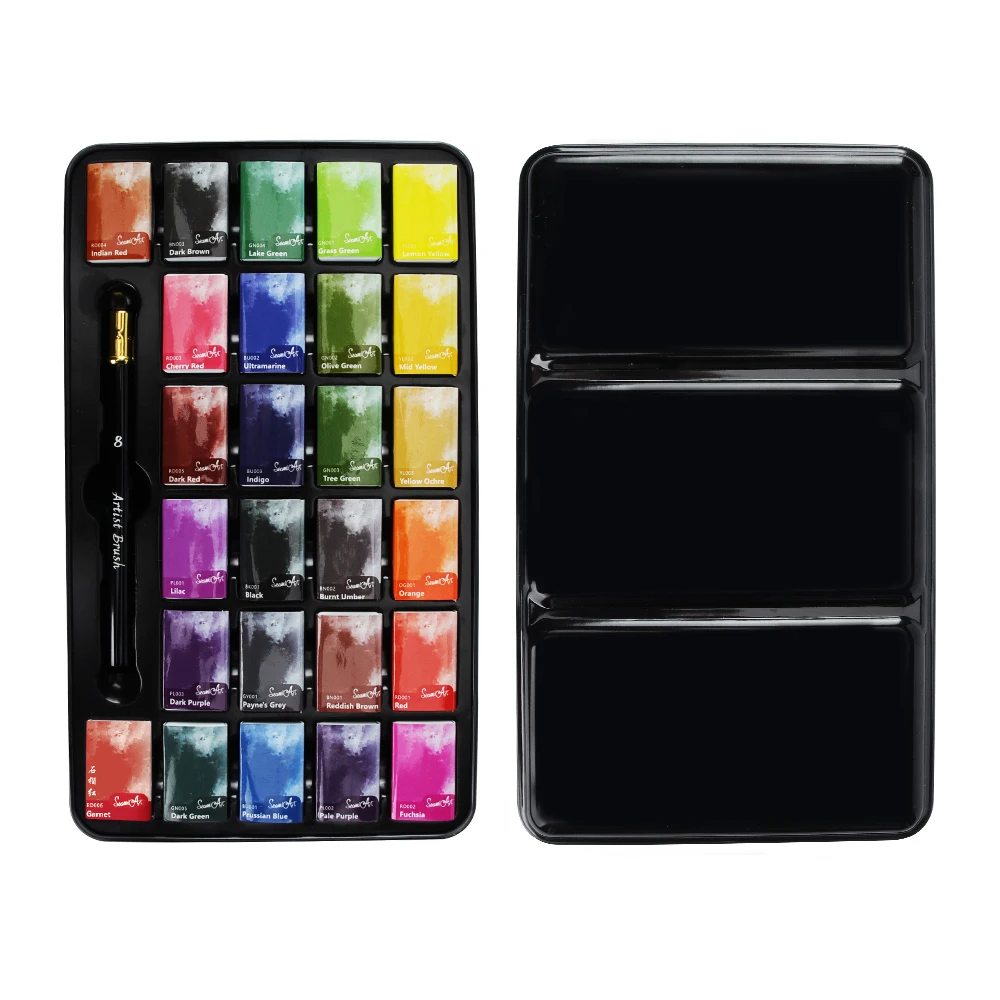 SeamiArt 26 Colors Full Pan Artist Grade Professional Solid Watercolor Tin Box Paint Set for School Art Painting Supplies