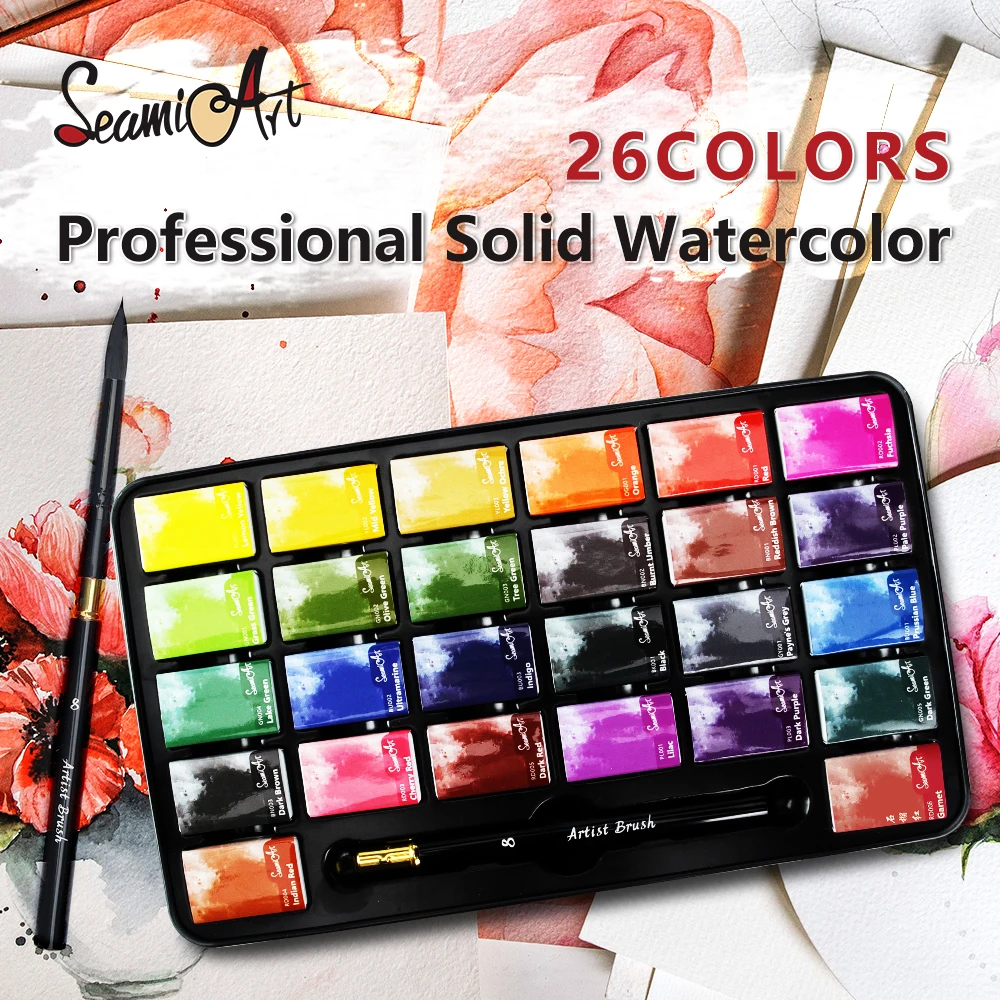SeamiArt 26 Colors Full Pan Artist Grade Professional Solid Watercolor Tin Box Paint Set for School Art Painting Supplies
