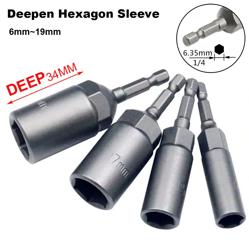 1 Piece 6mm-19mm 1/4'' Pneumatic Socket Set Deep Hexagon Electric Drill Sleeve Socket Head for Electric Screwdriver Wrench
