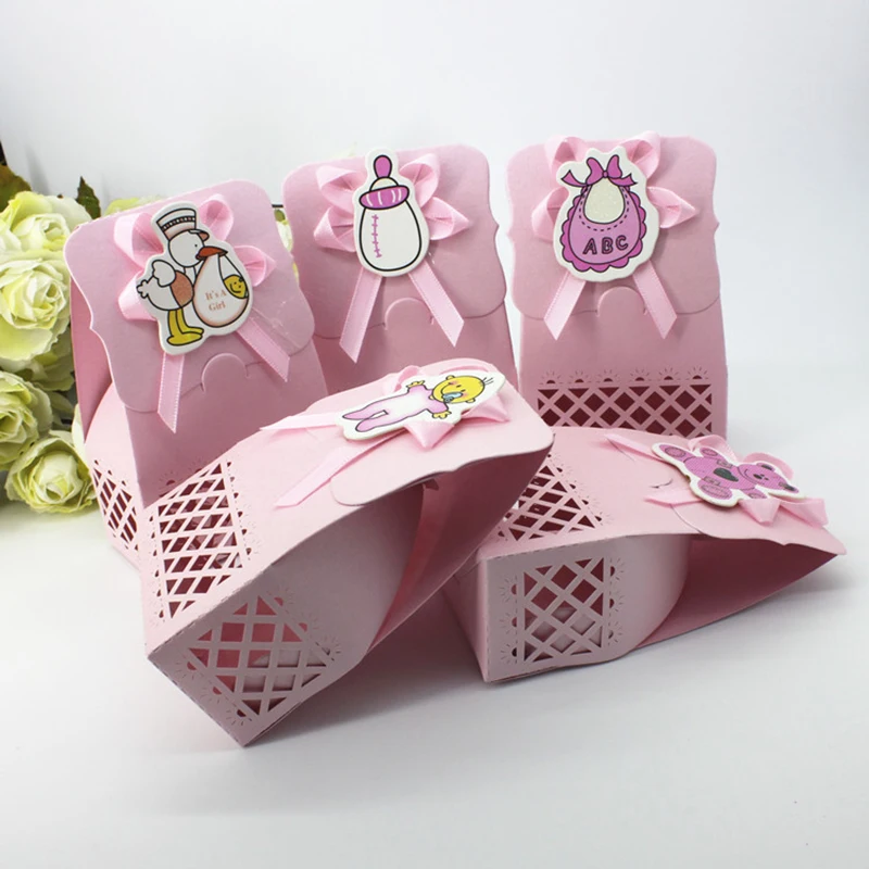 12pcs Baby Bottle Candy Box Kids Birthday Favor Gift Box Baby Shower Bag With Bow Stickers Gender Reveal Birthday Party Supplies