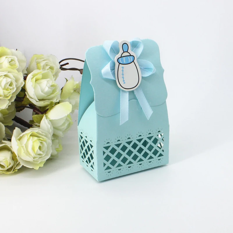 12pcs Baby Bottle Candy Box Kids Birthday Favor Gift Box Baby Shower Bag With Bow Stickers Gender Reveal Birthday Party Supplies