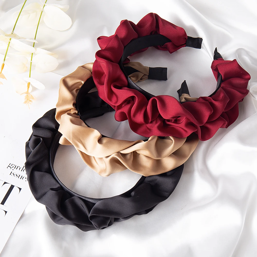 Fashion Hair Hoop Hair Bands for Women Girls Flower Solid Color Slik Headbands Pleated Wide Hairband Hair Accessories Headwear