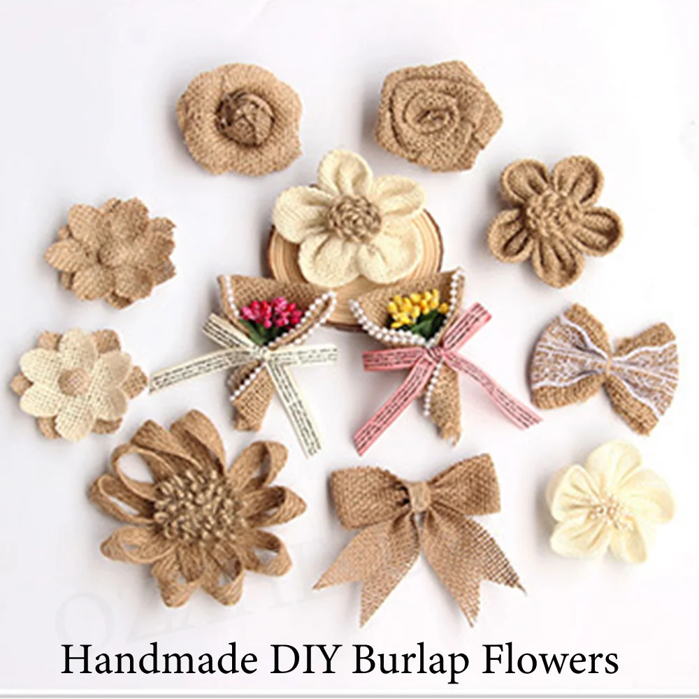5pcs Handmade Jute Burlap Flowers Rose Hessian Ribbon Bow Vintage Rustic Wedding Decoration Table Christmas Party DIY Supplies