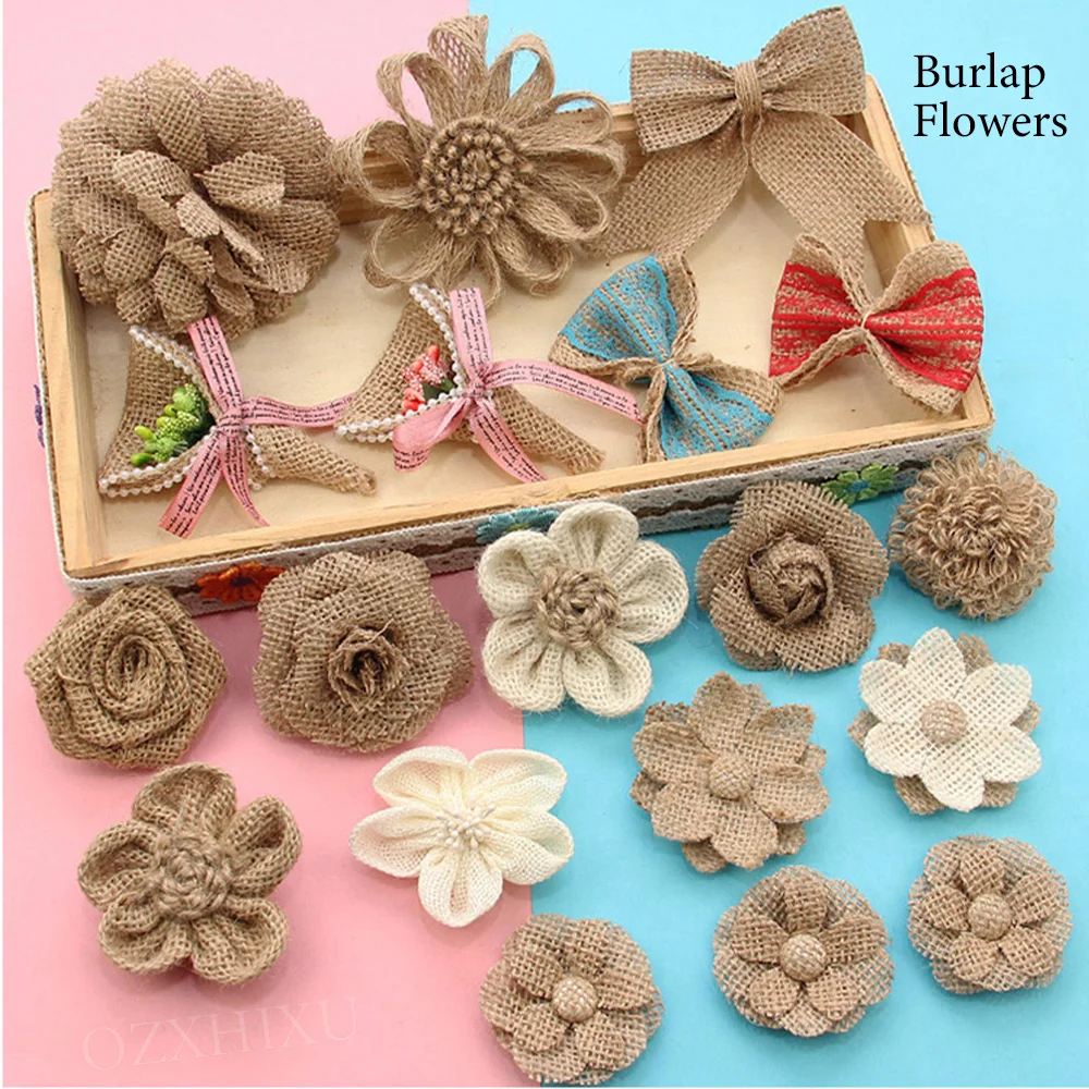 5pcs Handmade Jute Burlap Flowers Rose Hessian Ribbon Bow Vintage Rustic Wedding Decoration Table Christmas Party DIY Supplies