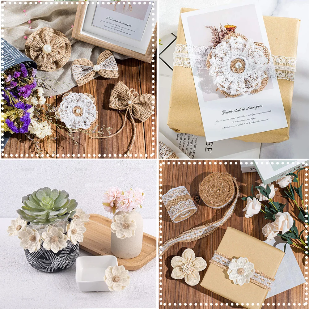 5pcs Handmade Jute Burlap Flowers Rose Hessian Ribbon Bow Vintage Rustic Wedding Decoration Table Christmas Party DIY Supplies