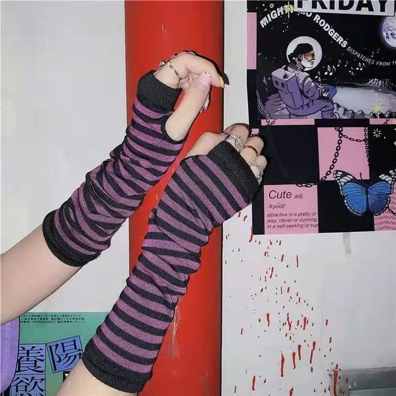 Women Men Fashion Striped Elbow Gloves Warmer Knitted Long Fingerless Gloves Unisex Elbow Mittens Costume Accessories Girls Gift