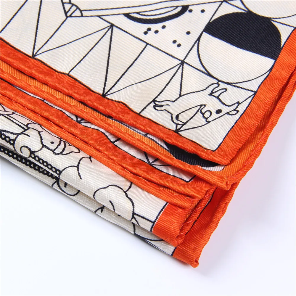 Manual Hand Rolled Twill Silk Scarf Women Hopi Print Square Scarves Wraps Echarpes Curled Foulard Femme Bandana Hijabs 90CM