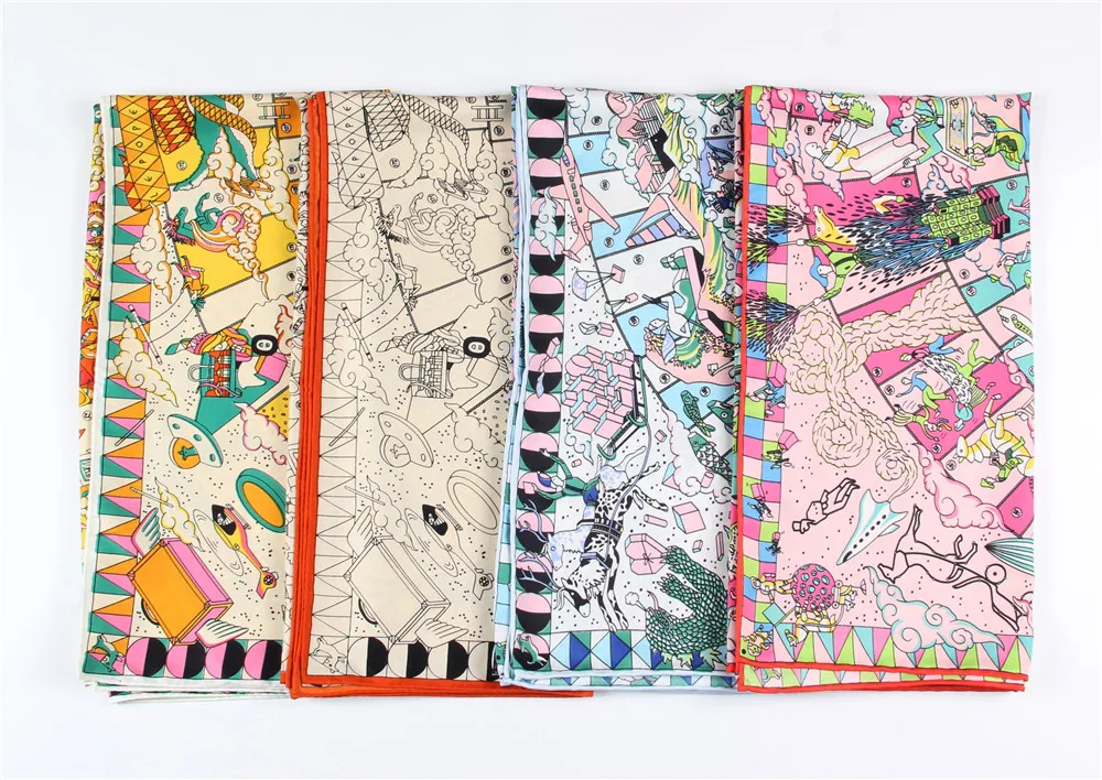 Manual Hand Rolled Twill Silk Scarf Women Hopi Print Square Scarves Wraps Echarpes Curled Foulard Femme Bandana Hijabs 90CM