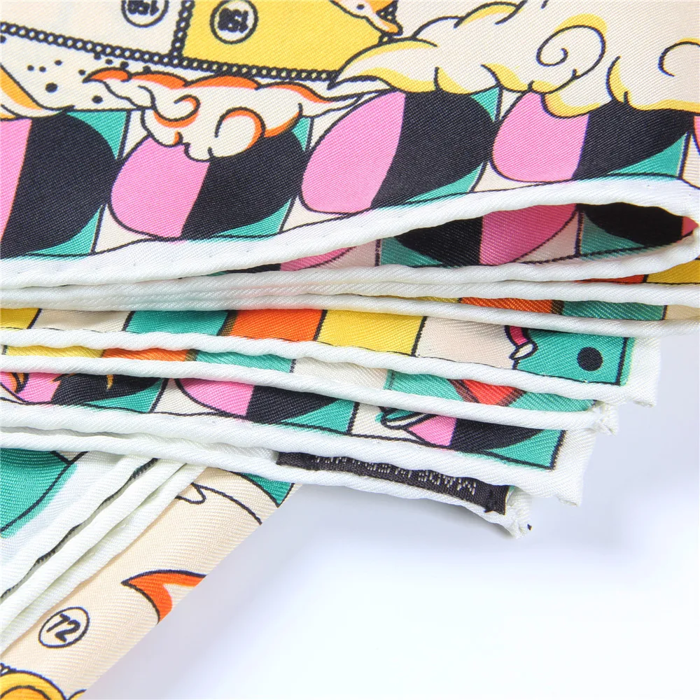 Manual Hand Rolled Twill Silk Scarf Women Hopi Print Square Scarves Wraps Echarpes Curled Foulard Femme Bandana Hijabs 90CM