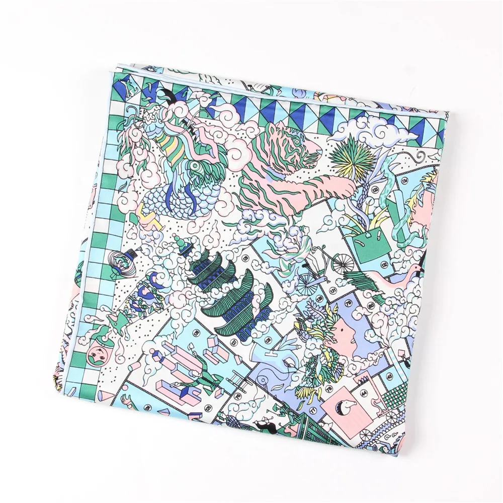Manual Hand Rolled Twill Silk Scarf Women Hopi Print Square Scarves Wraps Echarpes Curled Foulard Femme Bandana Hijabs 90CM
