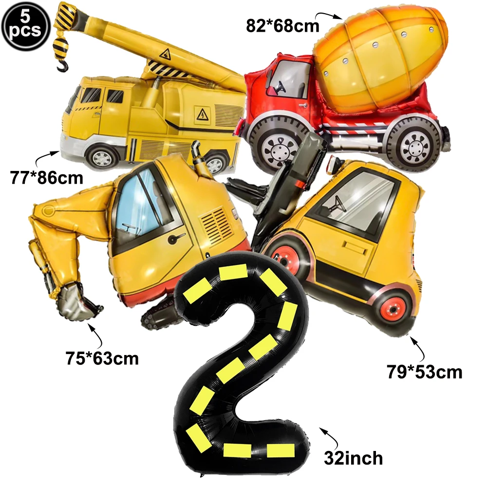 5pcs Construction Party Balloon 32'' Forklift Excavator Truck Balloon 1-9 Digital Foil Balloon Boy Construction Birthday Decors