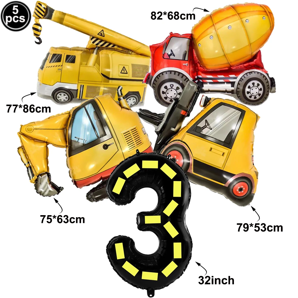 5pcs Construction Party Balloon 32'' Forklift Excavator Truck Balloon 1-9 Digital Foil Balloon Boy Construction Birthday Decors