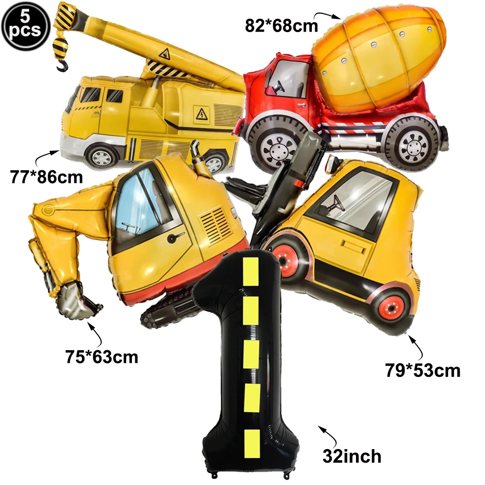 5pcs Construction Party Balloon 32'' Forklift Excavator Truck Balloon 1-9 Digital Foil Balloon Boy Construction Birthday Decors
