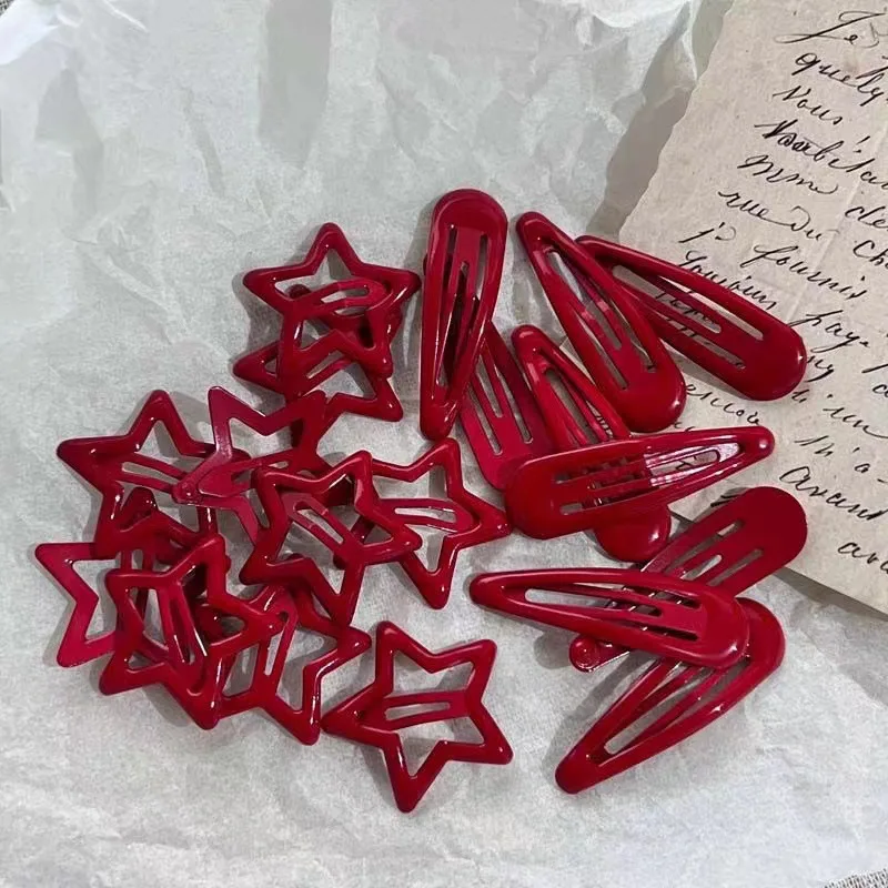 10 Pcs/Lot New Red Star Snap Clip For Girl Waterdrop Barrettes Black Hairpin Women Silver Hair Clip Accessories