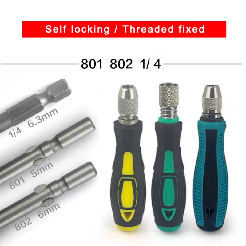 801 802 Screwdriver Bit Handle For 5MM 6MM Round Electric Screwdriver, PP +TPR Self Locking Holder For 1/4" (6.35mm) Bits