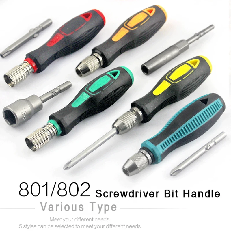 801 802 Screwdriver Bit Handle For 5MM 6MM Round Electric Screwdriver, PP +TPR Self Locking Holder For 1/4" (6.35mm) Bits