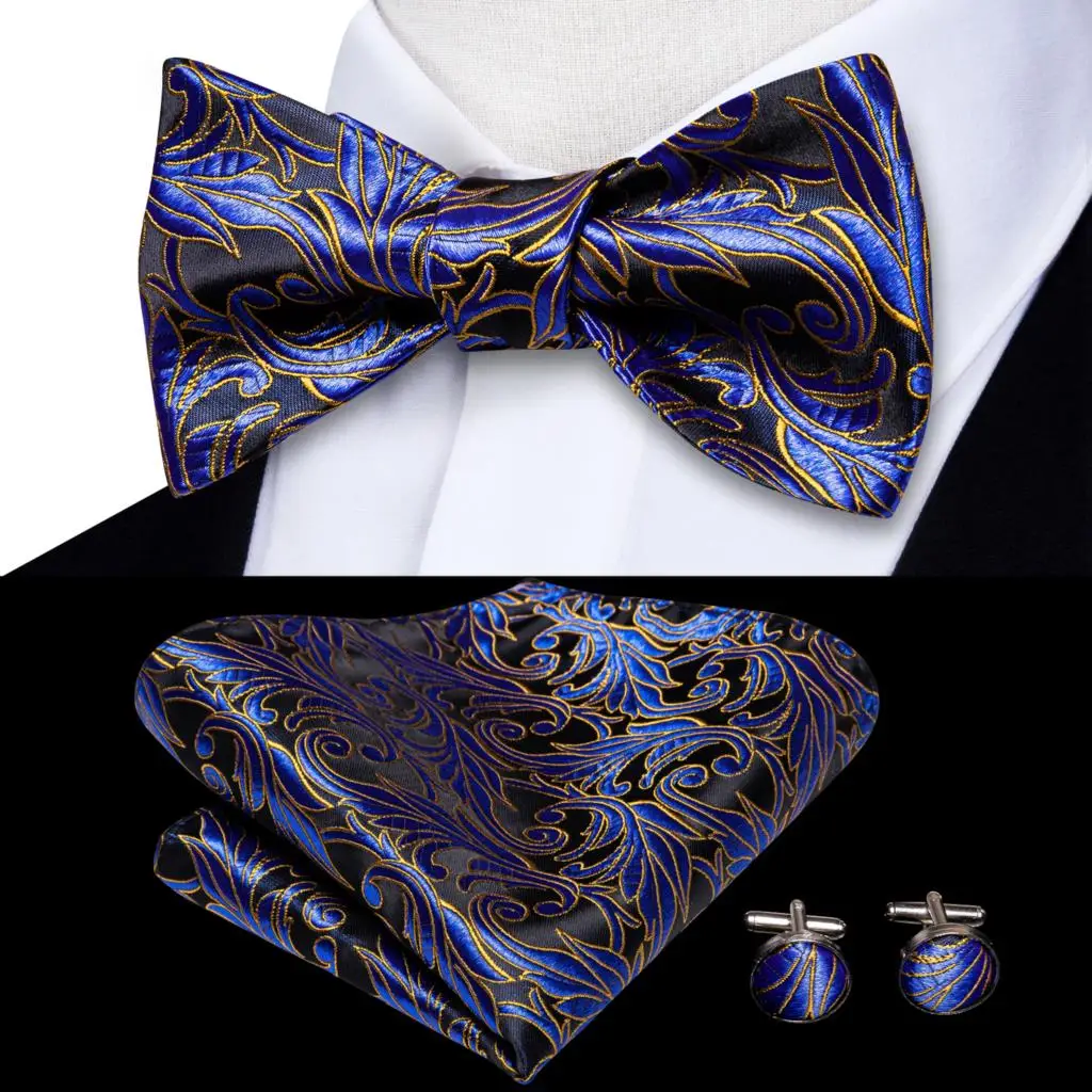 Jacquard Paisley Floral Dots Striped Silk Mens Bowtie Adjustable Self Bow Tie Hankerchief Cufflinks Set for Men Wedding Business