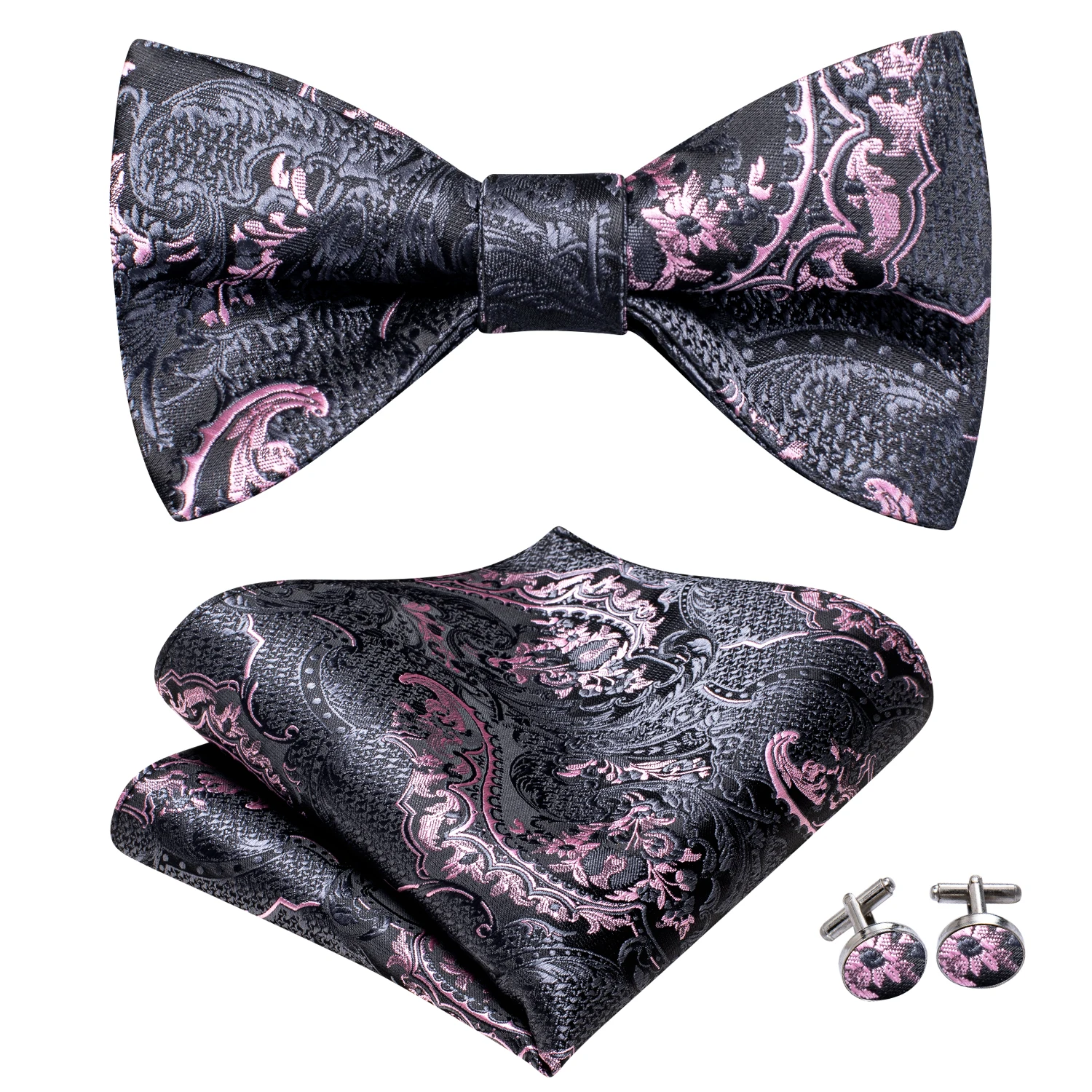 Jacquard Paisley Floral Dots Striped Silk Mens Bowtie Adjustable Self Bow Tie Hankerchief Cufflinks Set for Men Wedding Business