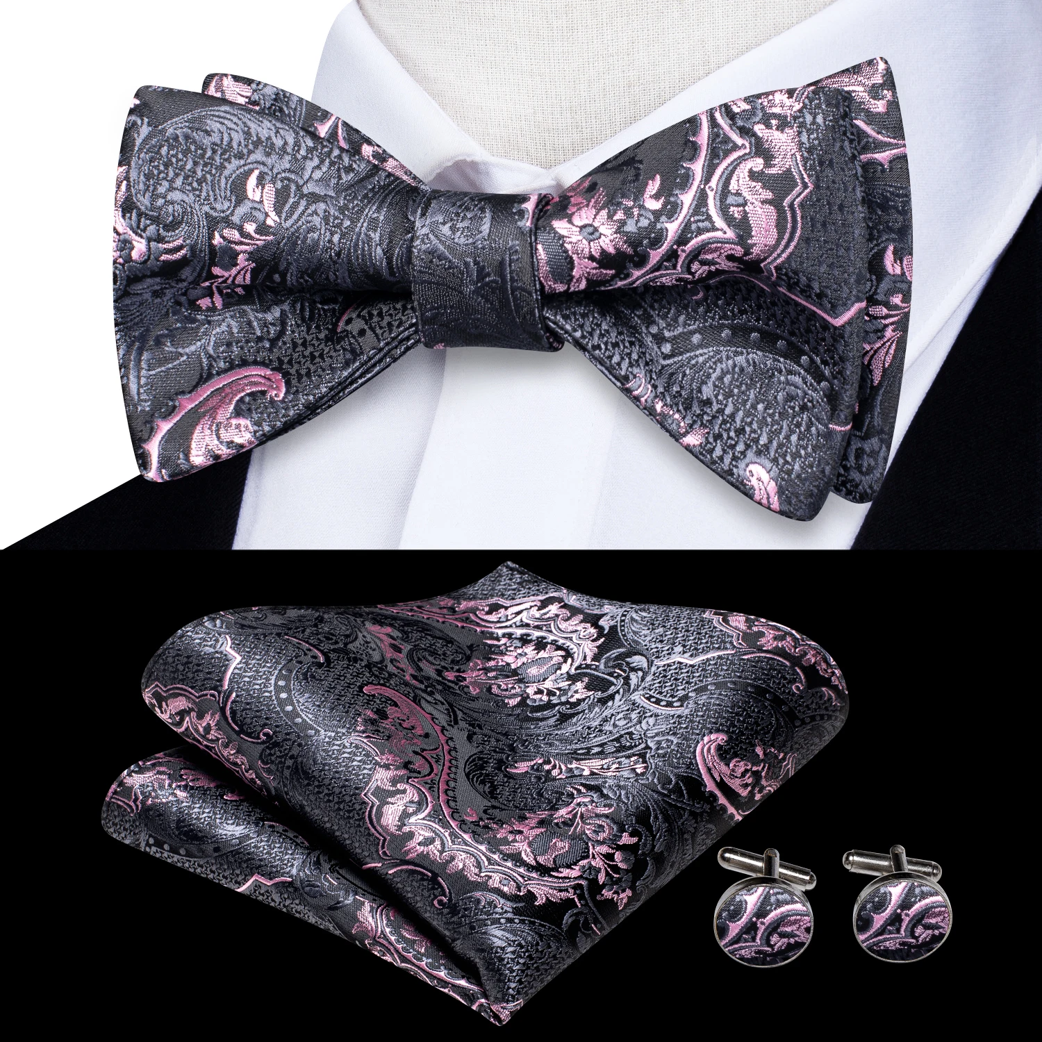 Jacquard Paisley Floral Dots Striped Silk Mens Bowtie Adjustable Self Bow Tie Hankerchief Cufflinks Set for Men Wedding Business