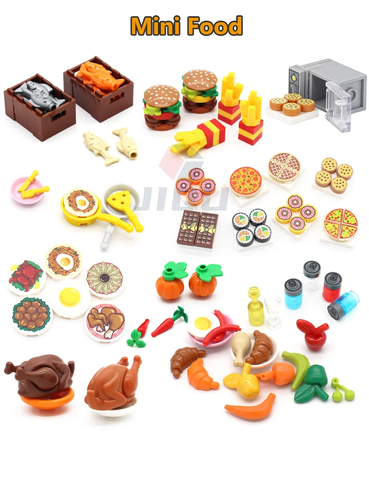 Mini Food Kitchen Accessories Toys Building Blocks Parts Hamburger Pizza Fries Cake Dessert Chocolate Cookies MOC Assemble Brick