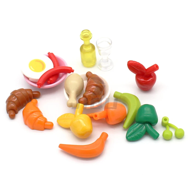 Mini Food Kitchen Accessories Toys Building Blocks Parts Hamburger Pizza Fries Cake Dessert Chocolate Cookies MOC Assemble Brick