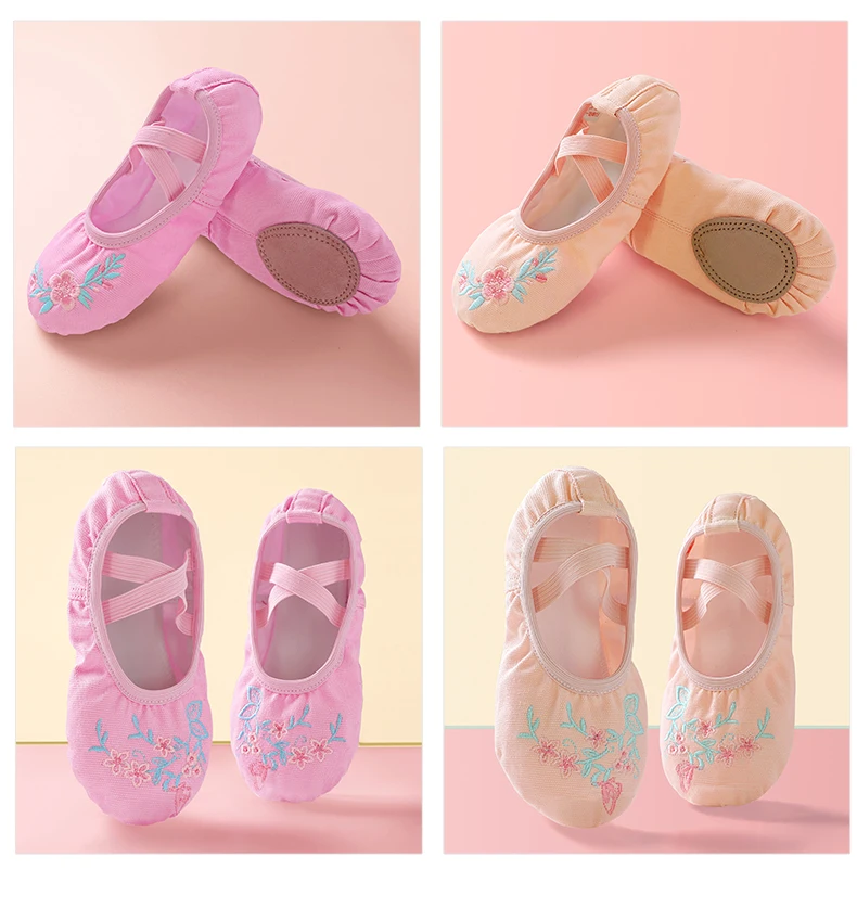 Girls Ballet Shoes Embroider Kids Dance Slippers Split Sole Gymnastics Dancing Shoes Pink Classical Dancing Shoes