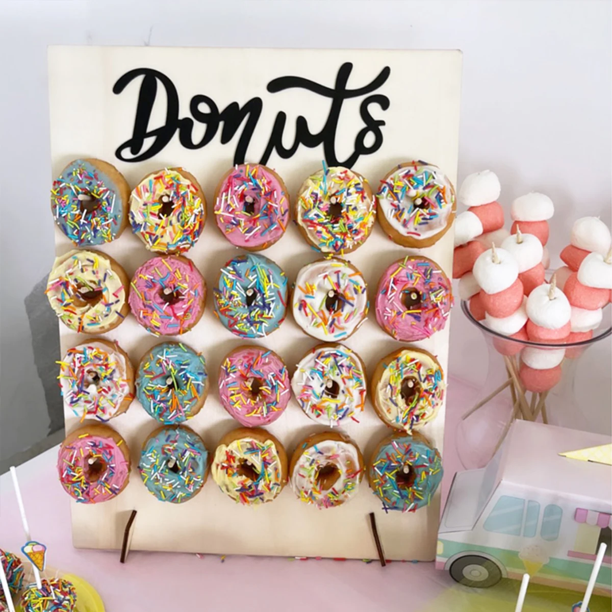 1set Wooden Donut Wall Stand Donut Holder Wedding Birthday Dount Party Decorations Kids Girl Baby Shower Donut Party Decoration