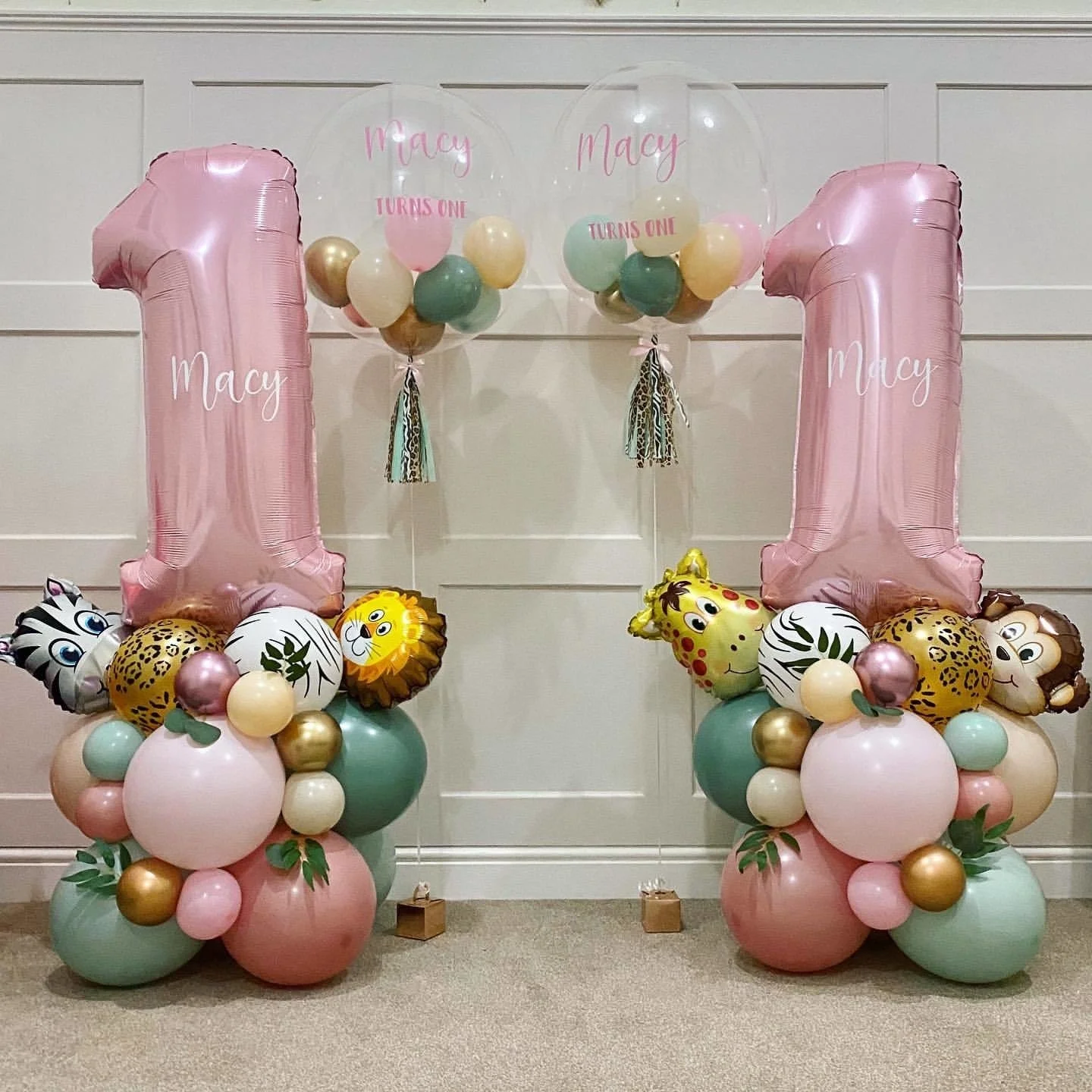 31pcs Wild Animal Pink Balloon Tower with 1-9 Number Balloon for Girl's Wild One Themed Birthday Jungle Safari Party Decoration