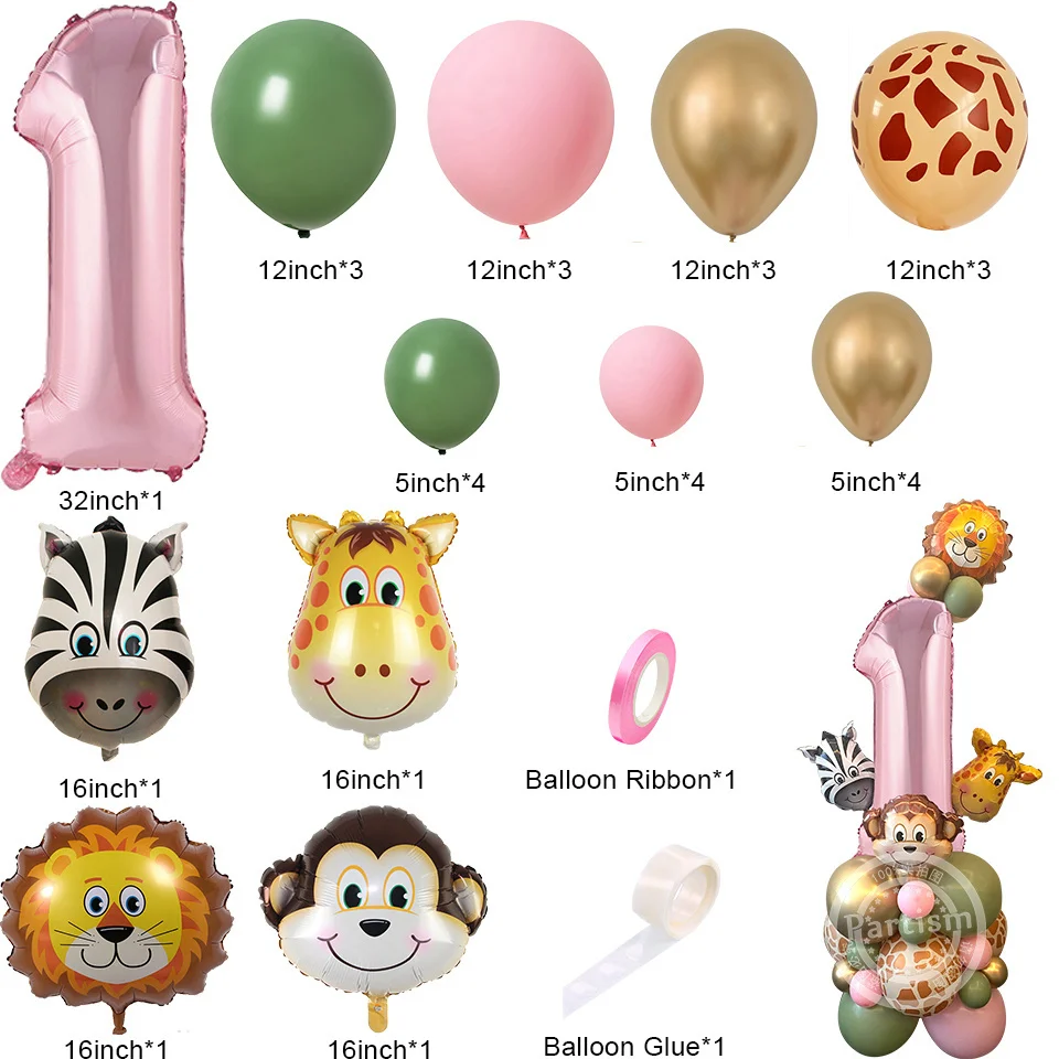 31pcs Wild Animal Pink Balloon Tower with 1-9 Number Balloon for Girl's Wild One Themed Birthday Jungle Safari Party Decoration