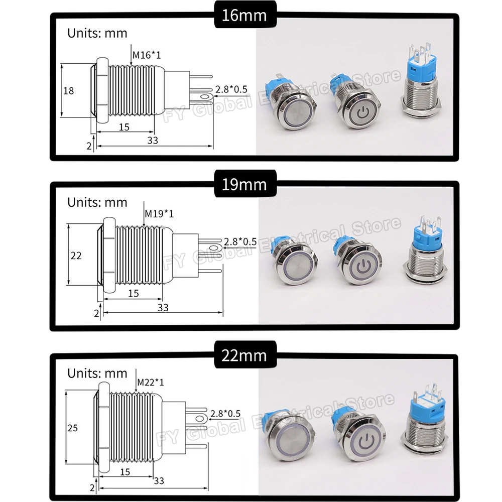 16/19/22MM Custom Metal Push Button Switch for Car Boat Luminous Waterproof Latching Momentary Laser Motorcycle Horn 12V 220V 5V