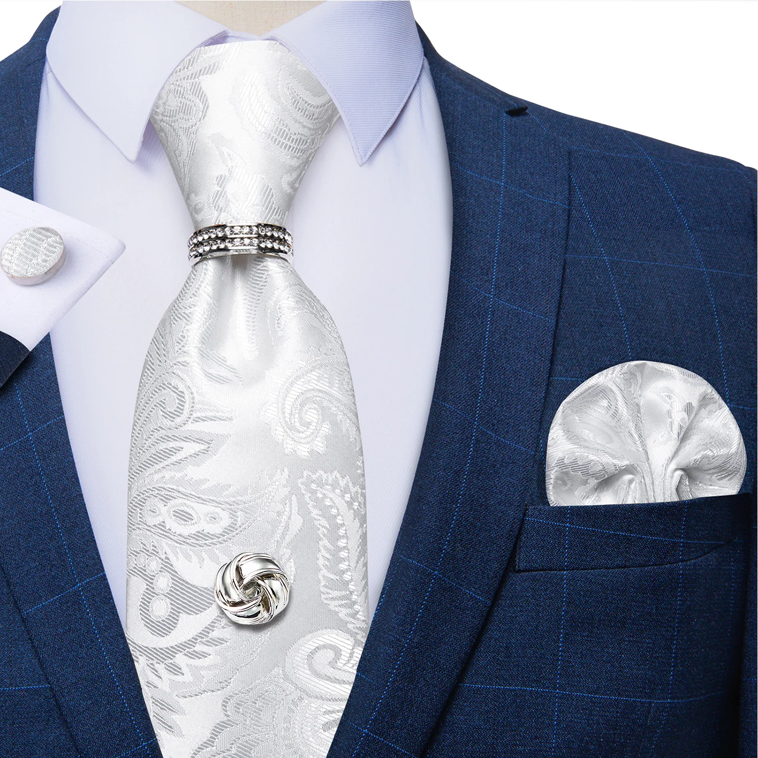 2023 Fashion Men's Tie Set Hanky Cufflink with Tie Tack Silver Ring 8cm Solid Classic Wedding Party Accessories Gravata Gift