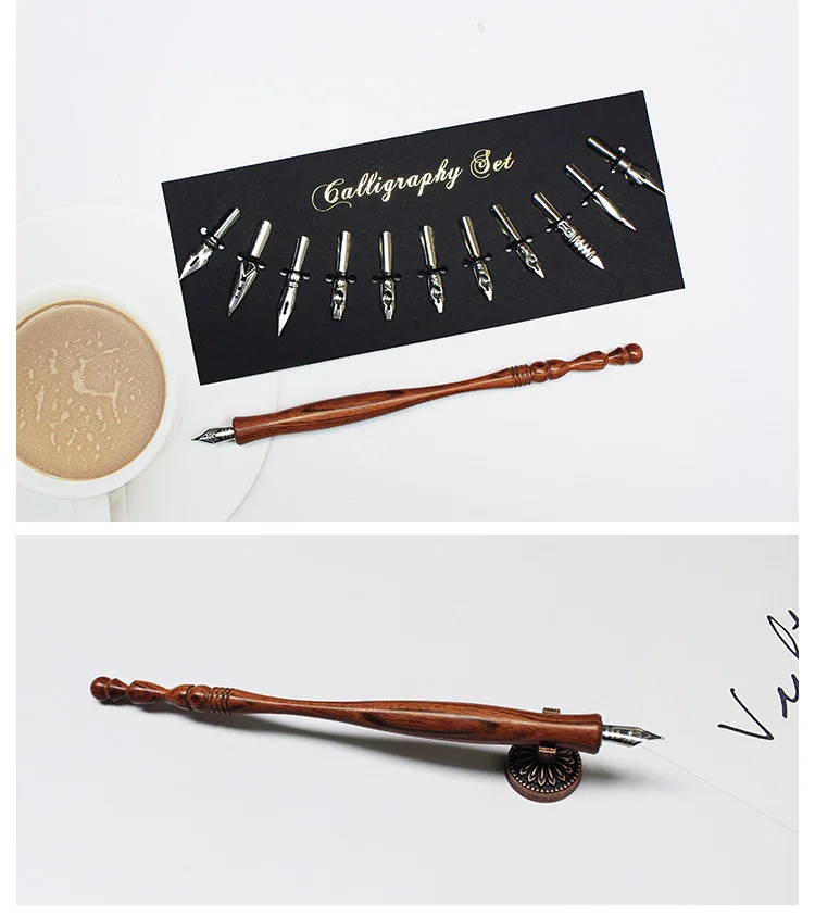 FEATTY Retro Dip Fountain Pen with 12 Nibs Art Calligraphy Writing Wooden Pen Set for Lettering Sketching Drawing Kit