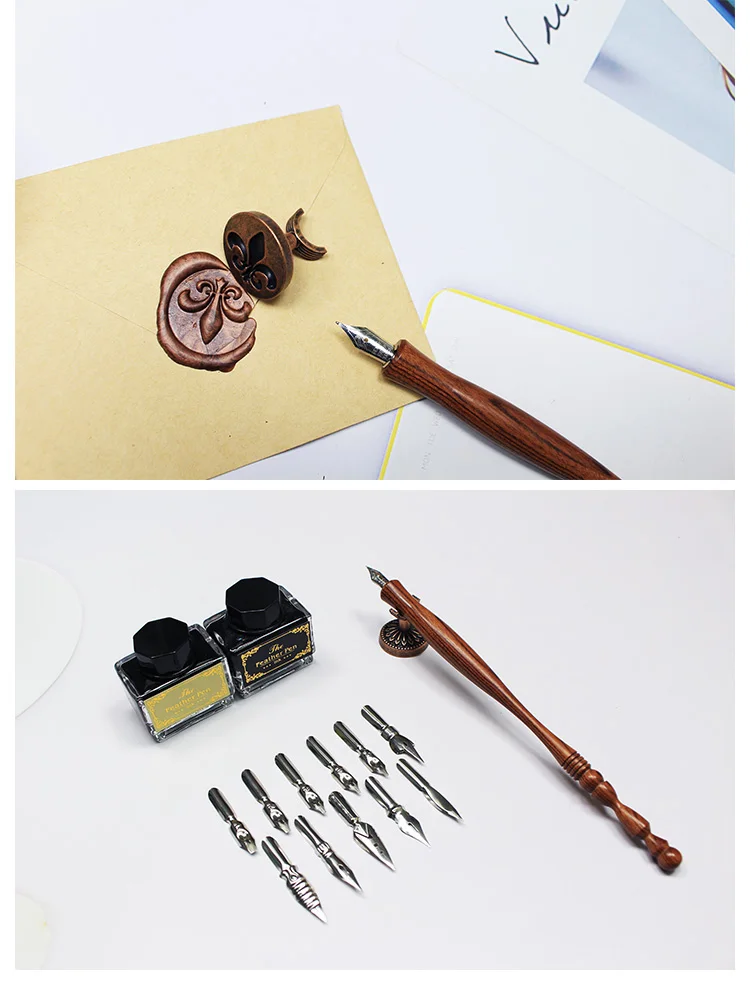 FEATTY Retro Dip Fountain Pen with 12 Nibs Art Calligraphy Writing Wooden Pen Set for Lettering Sketching Drawing Kit