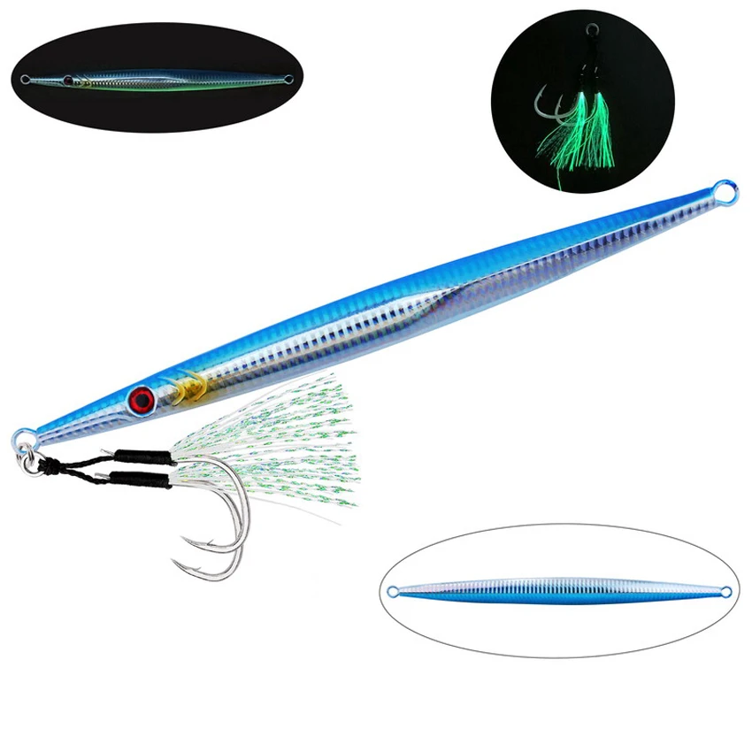 1pcs Iron Plate Jig Sea Fishing Long Strip Quick-Drawing Iron Plate Fish Fast Sinking And Slow Shaking Luminous Iron Plate 100g