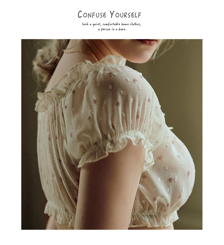 Women Sheer Stars Ultra-thin Gauze Ruffles Off Shoulder Sleeve Tops Shorts Leg Ring Underwear Set Temptation Sexy Pajamas