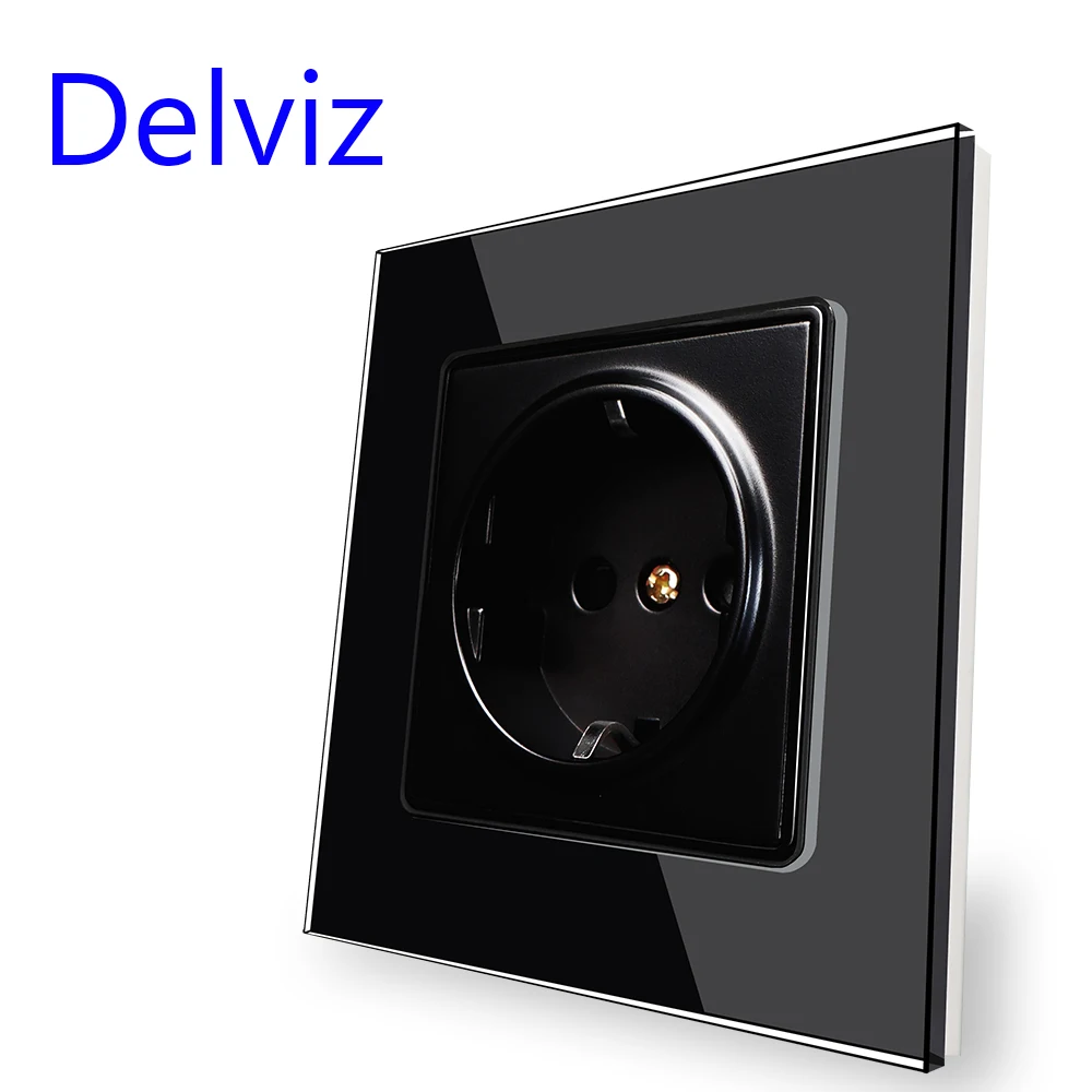 Delviz Tempered Glass Socket, Household 16A Electrical Jack, Square Black Crystal Panel, AC 110V-250V, EU Standard Wall Power So