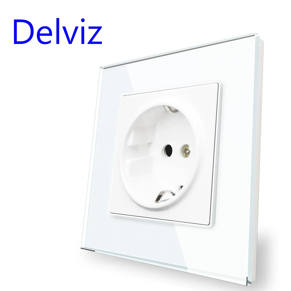 Delviz Tempered Glass Socket, Household 16A Electrical Jack, Square Black Crystal Panel, AC 110V-250V, EU Standard Wall Power So