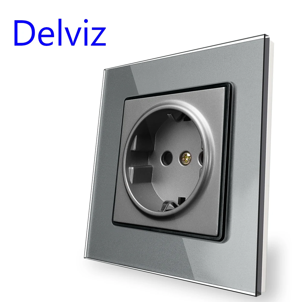 Delviz Tempered Glass Socket, Household 16A Electrical Jack, Square Black Crystal Panel, AC 110V-250V, EU Standard Wall Power So