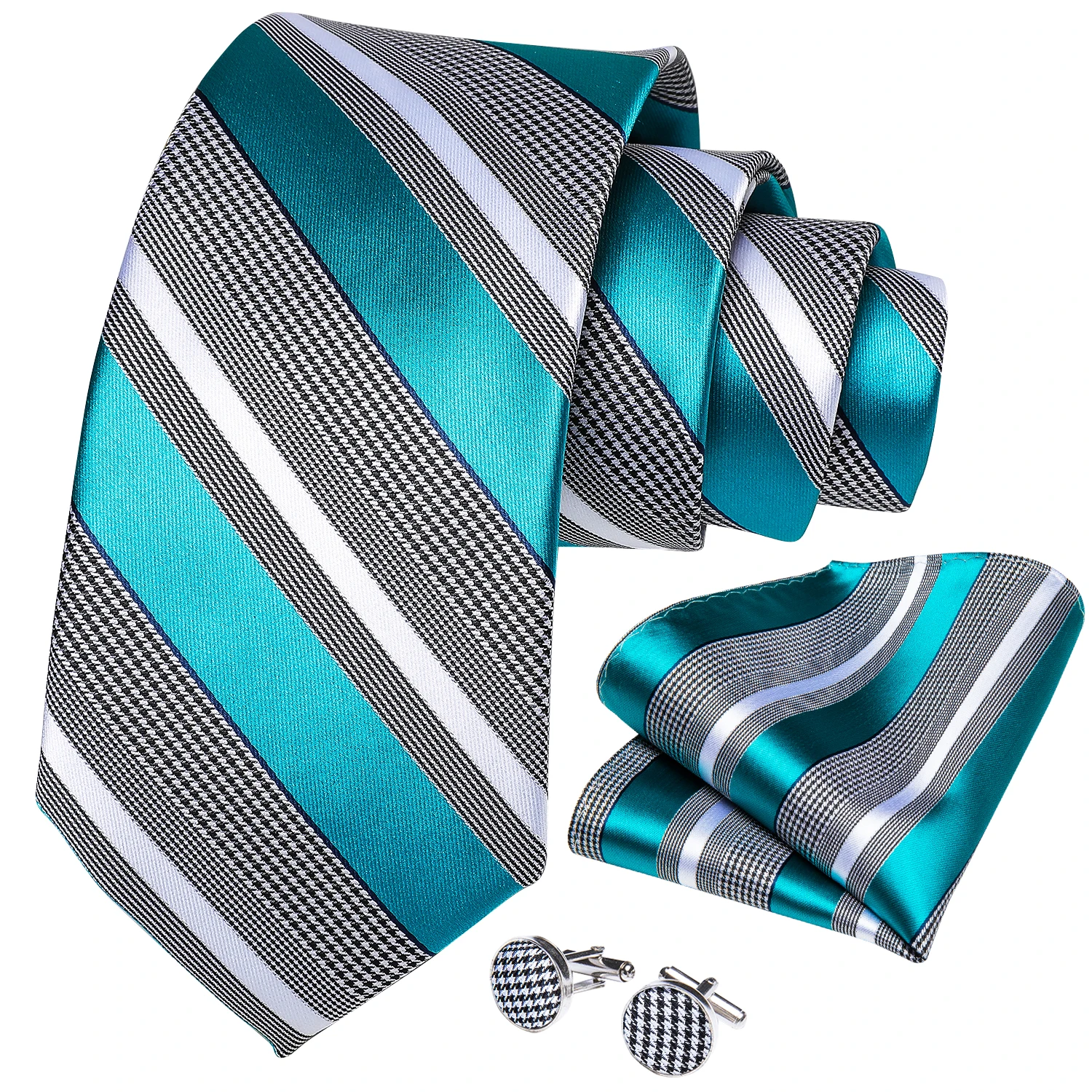 Fashion Classic Striped Plaid Mens Tie Set 8cm Wedding Party Necktie Handkerchief Cufflinks Accessories Gift for Men
