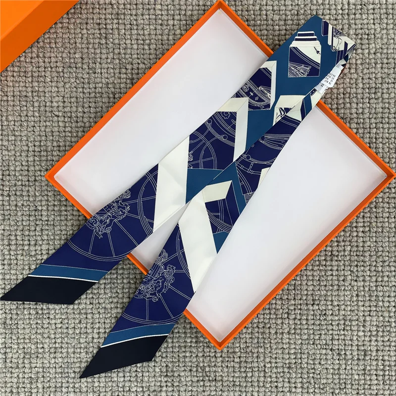 POBING Wheel Print 18m/m Twill Silk Scarves Women Luxury Brand Scarf Bag Ribbons Tie Head Scarf Small Long Skinny Scarf 86*5CM