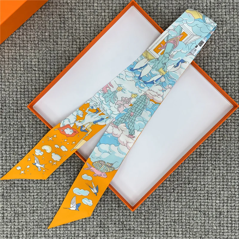 POBING Wheel Print 18m/m Twill Silk Scarves Women Luxury Brand Scarf Bag Ribbons Tie Head Scarf Small Long Skinny Scarf 86*5CM