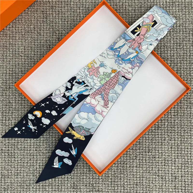 POBING Wheel Print 18m/m Twill Silk Scarves Women Luxury Brand Scarf Bag Ribbons Tie Head Scarf Small Long Skinny Scarf 86*5CM