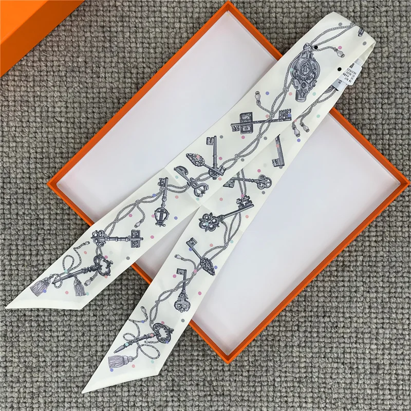 POBING Wheel Print 18m/m Twill Silk Scarves Women Luxury Brand Scarf Bag Ribbons Tie Head Scarf Small Long Skinny Scarf 86*5CM